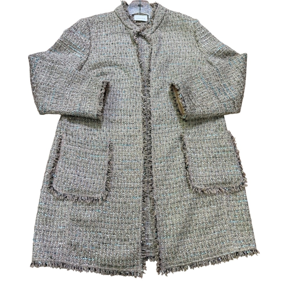 Chicos Longline Tweed Jacket Womens 1 M Gold Metallic Fringe‎ Open Front Coat